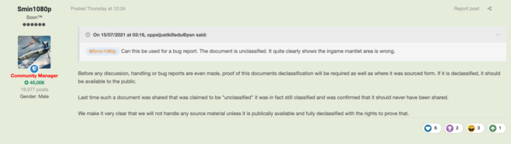 Screenshot of War Thunder forum response