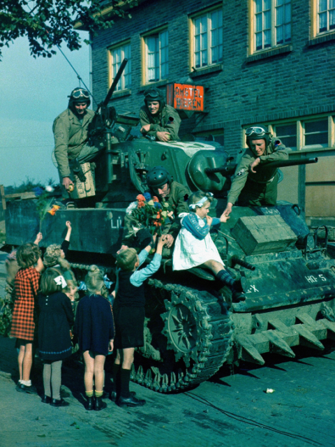 U.S. M4 Sherman tank of an Armored Division or the 744th Tank Battalion, Netherlands, October 1944.