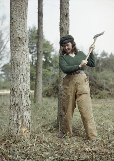 A woman holding an axe above her shoulders as she prepares to chop down a tree