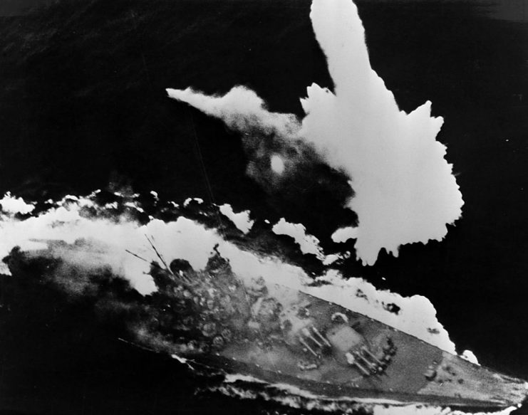 Aerial view of the Yamato being attacked at sea