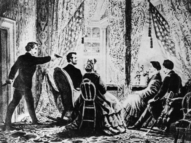 Drawing of John Wilkes Booth aiming a firearm at Abraham Lincoln's head