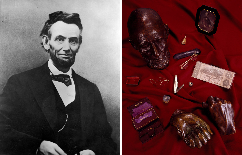 Portrait of Abraham Lincoln + Abraham Lincoln's death mask and the items found in his pockets