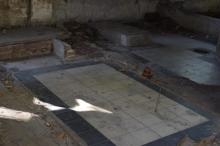 Close-up of a stone floor with cracks in it