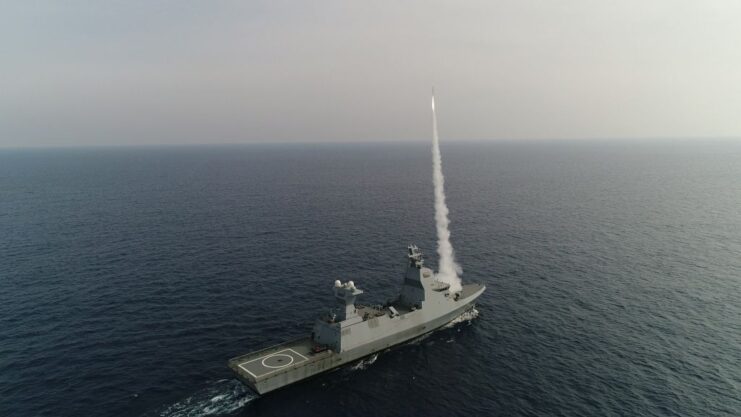 C-Dome firing a Tamir interceptor missile at sea