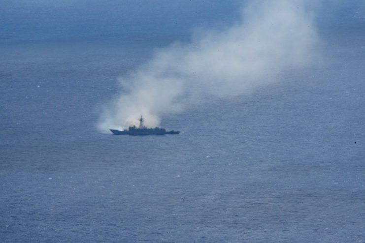 Ex-USS Ingraham on fire in the ocean