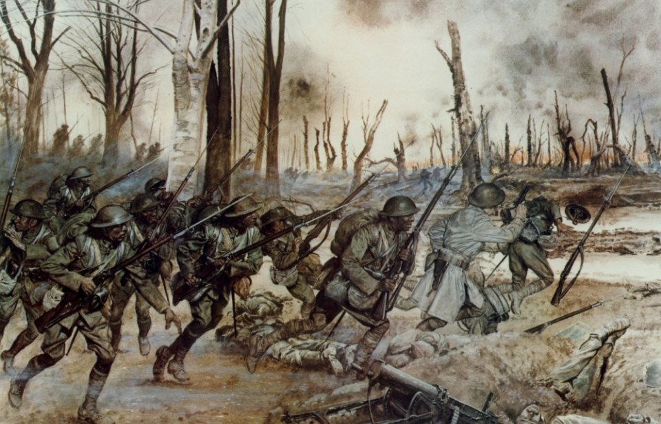 In this National Guard historic painting by H. Charles McBarron, Soldiers of the 369th Infantry Regiment, the Harlem Hellfighters, go into action near Sechault, France, on September 29, 1918 during the Meuse-Argonne offensive.