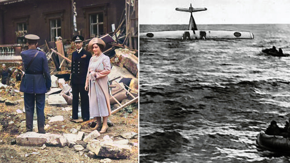 King George VI and Elizabeth the Queen Mother during the London Blitz + downed Swedish plane in the ocean