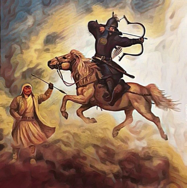 Painting of Genghis Khan aiming an arrow on horseback while Jebe watches