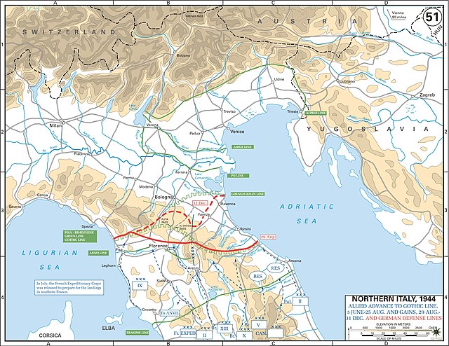 Map of the Gothic Line's spanning across Italy