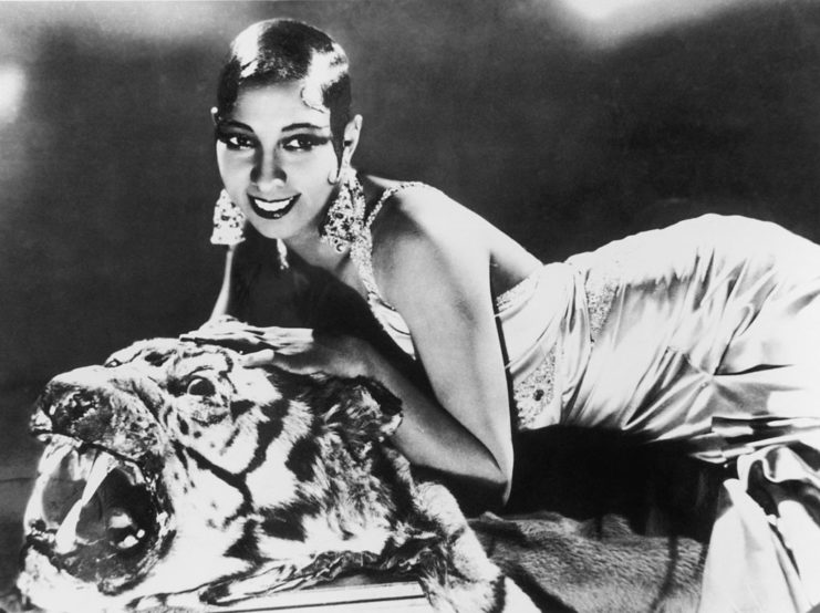 Joséphine Baker lying on a tiger pelt