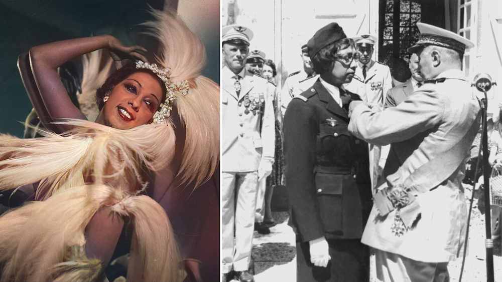 Joséphine Baker in costume + Baker being given a medal by General Charles de Gaulle