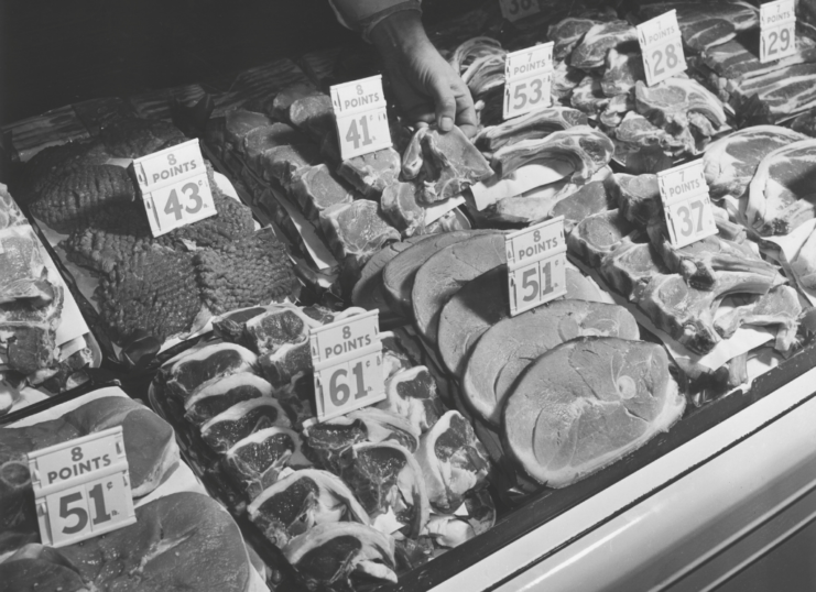 Meats displayed with prices and point values 