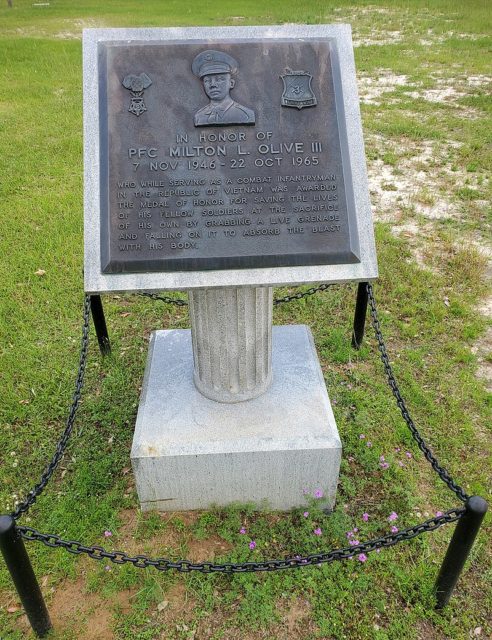 An Honor Field memorial for Pfc. Milton L. Olive III who absorbed the shock of a live grenade, giving his life, to save the lives of his fellow Soldiers while serving in Vietnam. (Christy Graham / Bayne-Jones Army Community Hospital / Dvidshub)