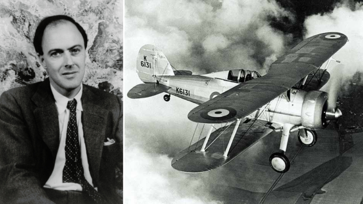 Portrait of Roald Dahl + Gloster Gladiator flying in the air