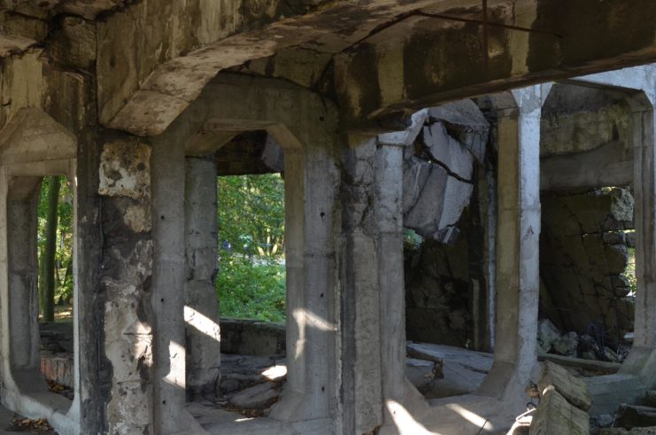 Interior of a ruined building along the Westerplatte peninsula