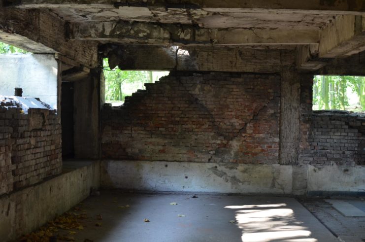 Interior of a brick building damaged during the Battle of Westerplatte