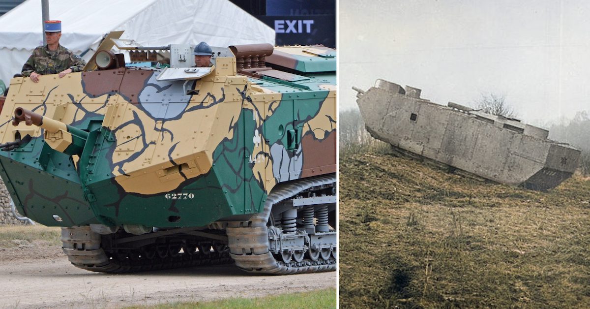 Saint-Chamond driving down the street + the tank on the battlefield