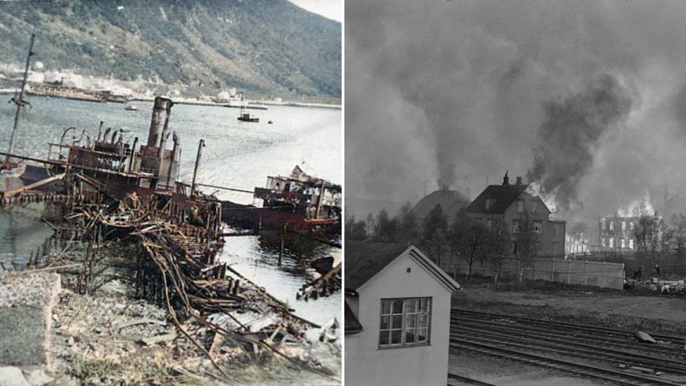 Destroyed ship in the water + smoke rising in the air behind buildings