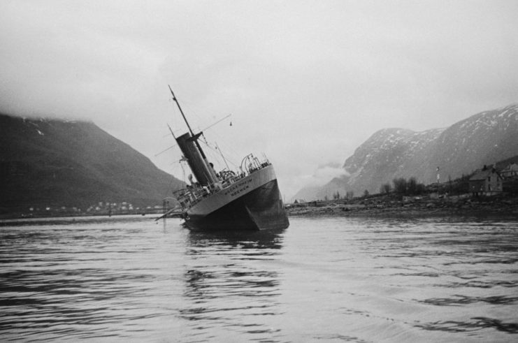Ship listing in the Ofotfjord at Narvik, Norway