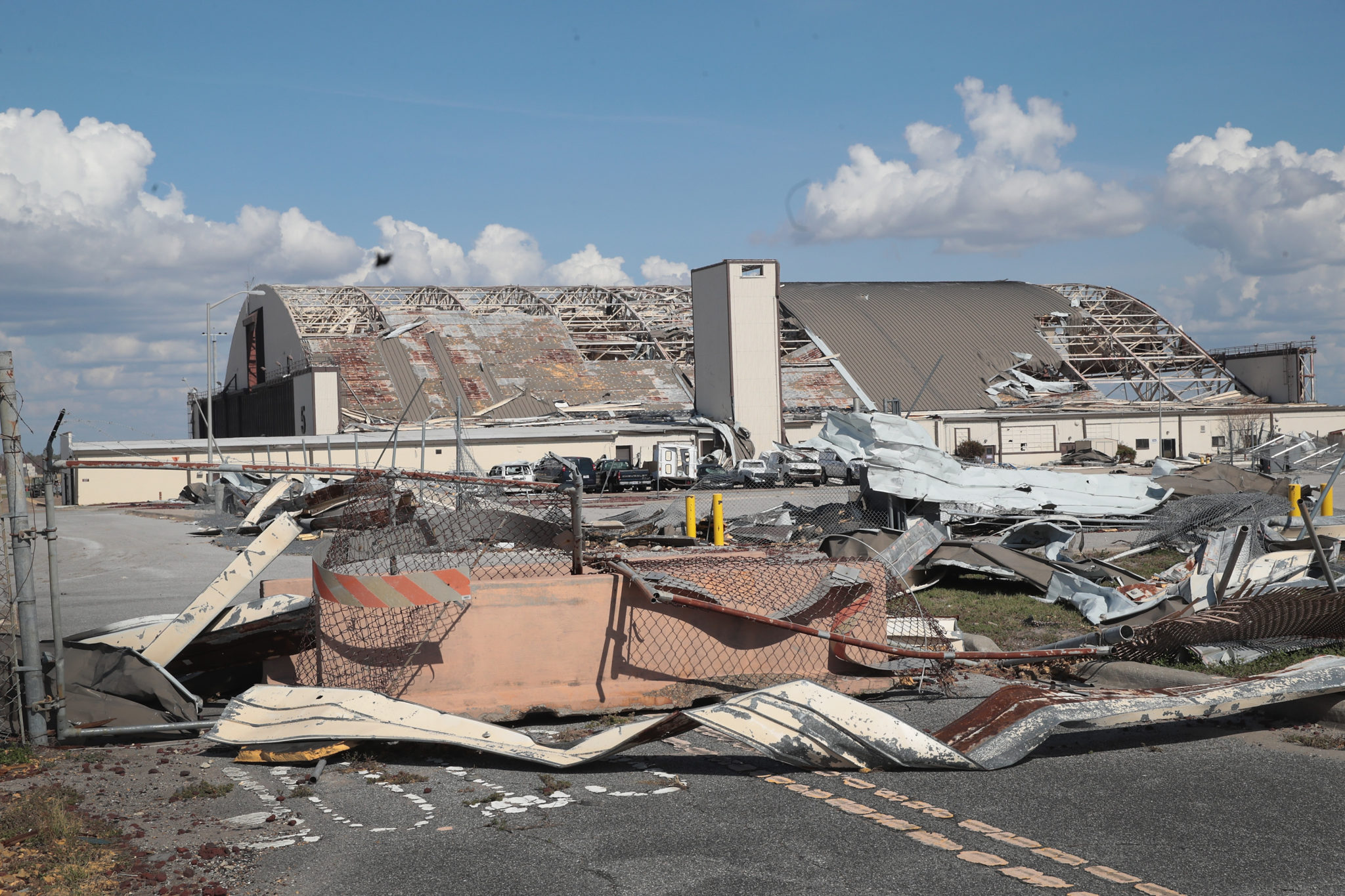 PANAMA CITY, FL - OCTOBER 17:  Debris litters Tyndall Air Force Base following Hurricane Michael on October 17, 2018 in Panama City, Florida. the base experienced extensive damage from the storm. Hurricane Michael slammed into the Florida Panhandle on October 10, as a category 4 storm causing massive damage and claiming nearly 30  lives.  (Photo by Scott Olson/Getty Images)