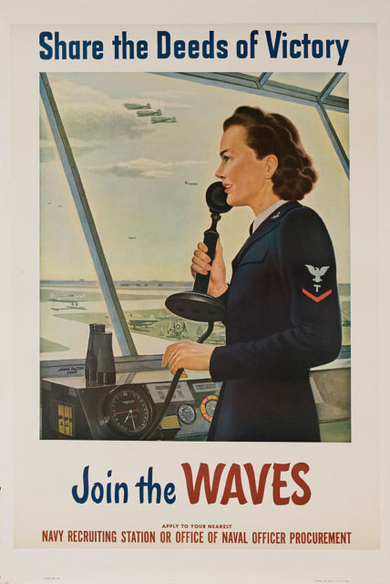 WAVES recruitment poster featuring a woman working in an air traffic control tower