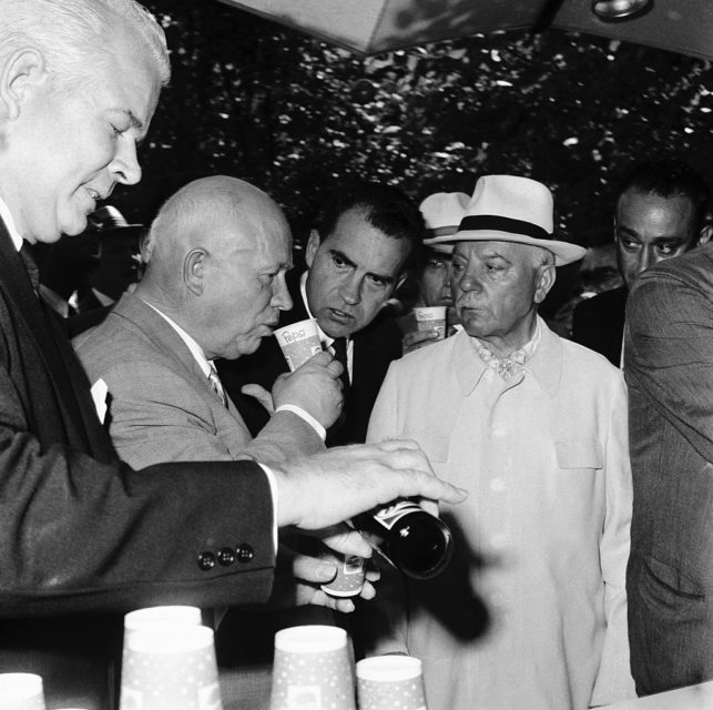 Nikita Krushchev and Richard Nixon drinking Pepsi at the American National Exhibition