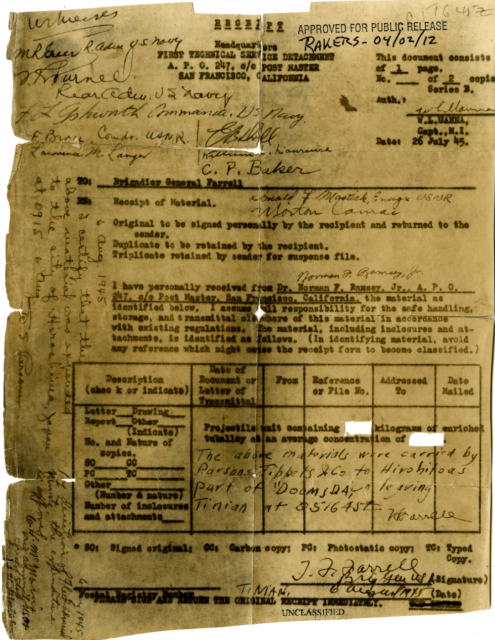 Mock-up of the receipt for the Little Boy atomic bomb