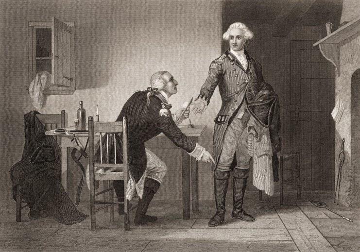 Illustration of Benedict Arnold handing papers to a seated John André
