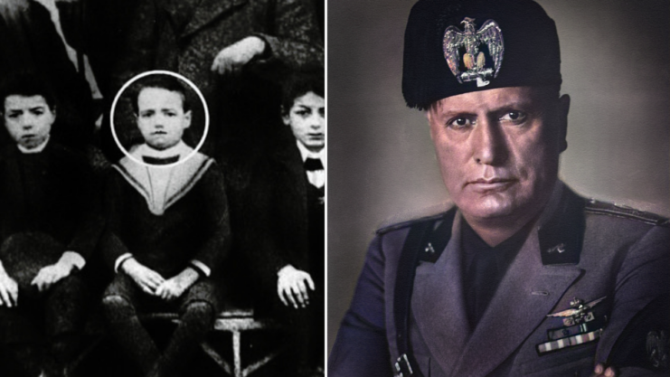 Benito Mussolini sitting with his classmates + Official portrait of Benito Mussolini