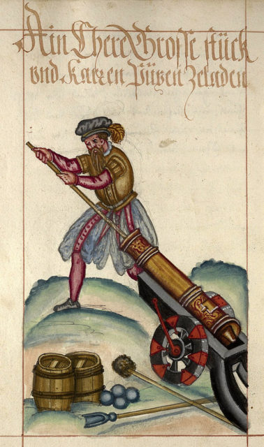 Illustration of a man loading a cannon