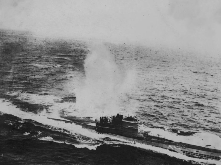 German U-boat under attack in the ocean