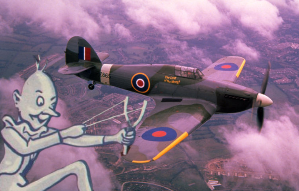 Hawker Hurricane in flight + Illustration of a gremlin aiming a slingshot