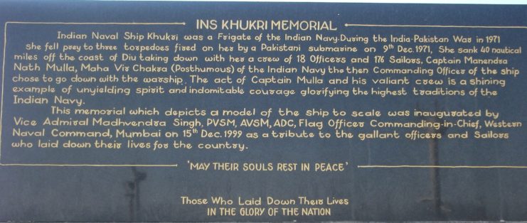 Close-up of the memorial dedicated to those who died in the sinking of the INS Khukri (F-149)