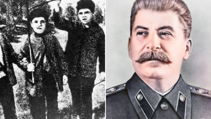 Josef Stalin as a child, surrounded by two other children + Military portrait of Josef Stalin