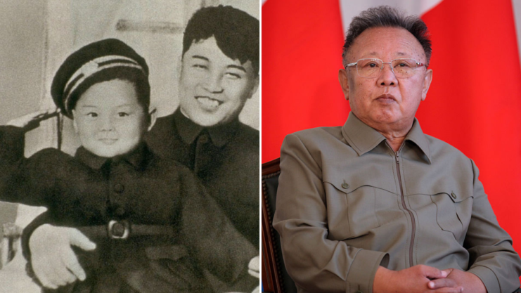Kim Il-Sung with a baby Kim Jung-Il sitting on his lap + elderly Kim Jung-Il sitting down