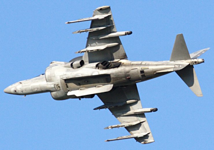 Underside of a McDonnell Douglas AV-8B Harrier II in flight