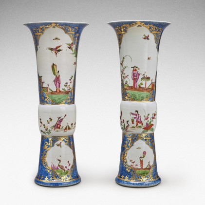 Pair of Meissen Augustus Rex underglaze-blue-ground beaker vases
