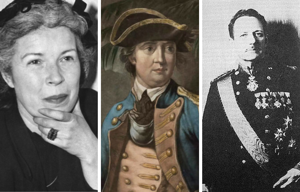 Mildred Gillars holding her chin + Military portrait of Benedict Arnold + Military portrait of Fritz Duquesne
