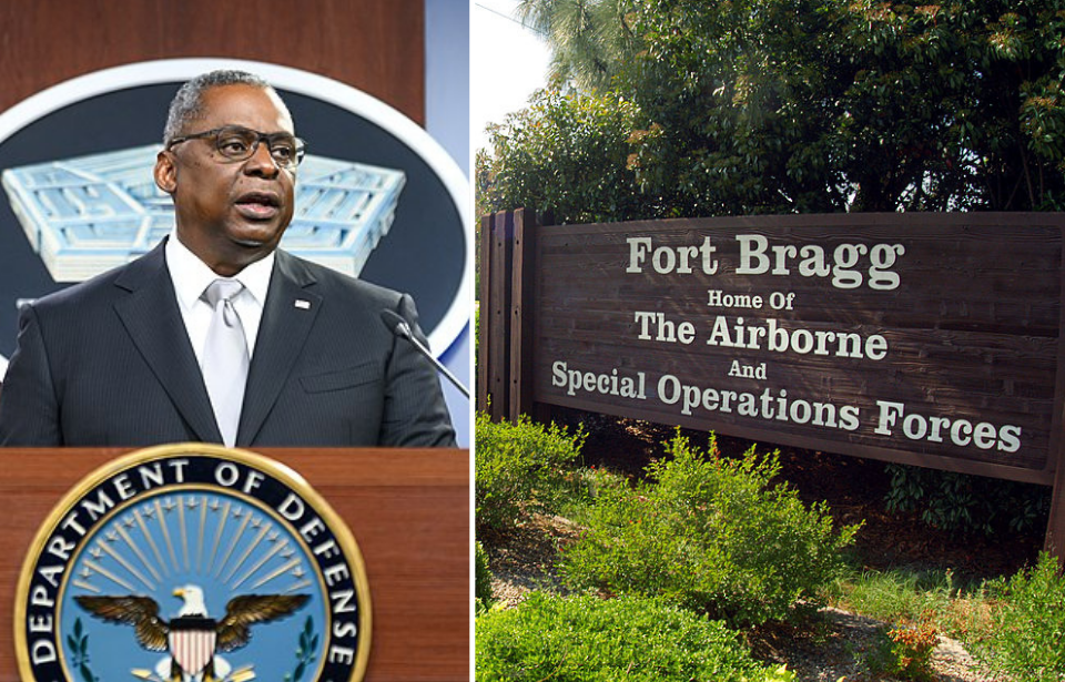 Secretary of Defense Lloyd J. Austin standing behind a podium + the entrance to Fort Bragg