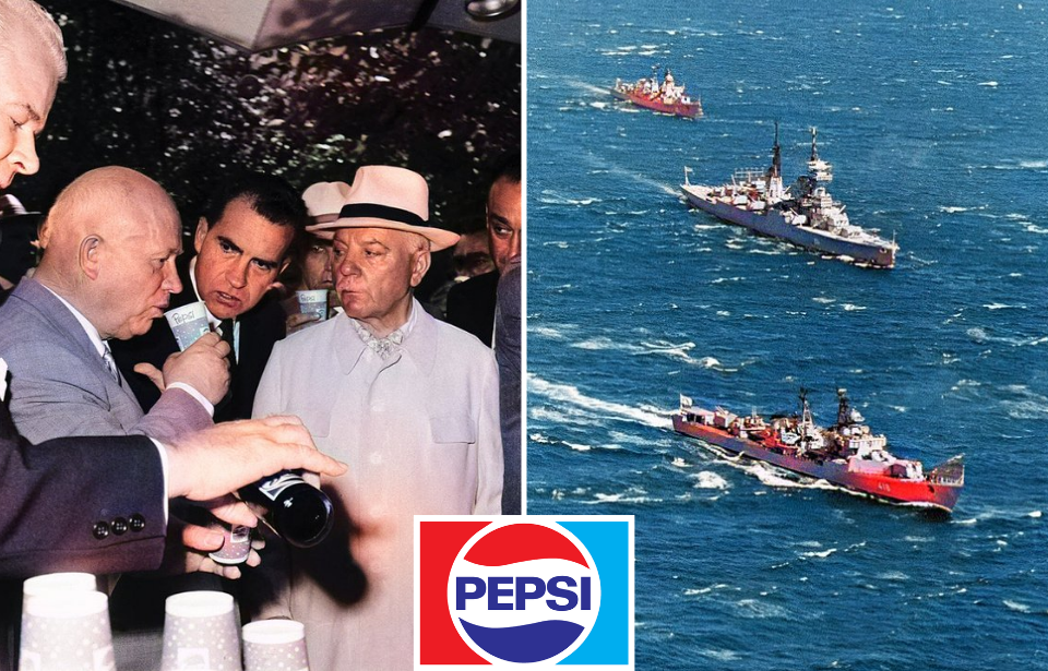 Nikita Krushchev and Richard Nixon drinking Pepsi at the American National Exhibition + Three Russian battleships sailing in the ocean