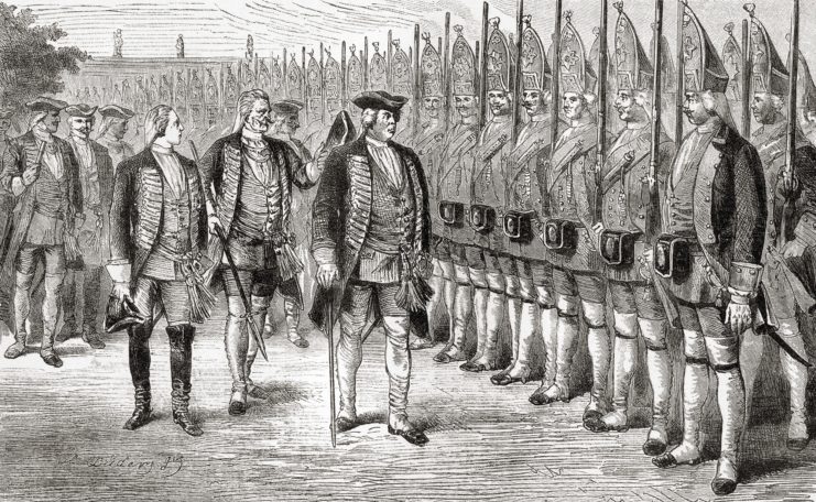 Drawing of Frederick William I and other officials walking before the Potsdam Giants, who are lined up in rows