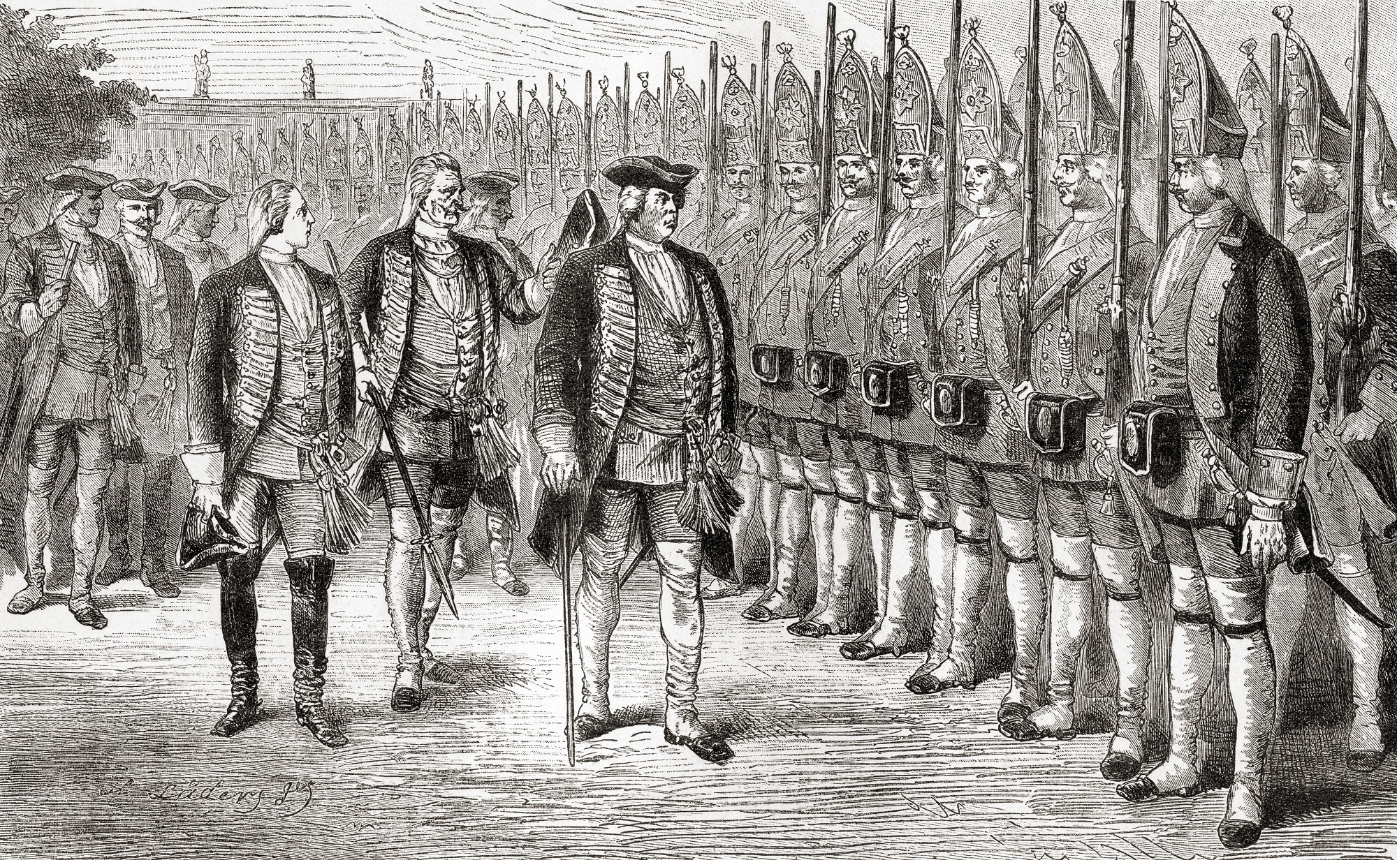 Frederick William I inspecting his giant guards known as The Potsdam Giants, a Prussian infantry regiment No 6, composed of taller-than-average soldiers.  Frederick William I of Prussia, 1688 - 1740, aka Soldier King.  King in Prussia and Elector of Brandenburg.  From Ward and Lock's Illustrated History of the World, published c.1882.(Photo by: Universal History Archive/Universal Images Group via Getty Images)