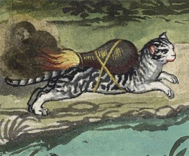 Illustration of a cat with a lit incendiary tied to its back