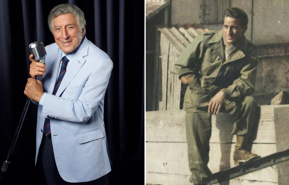 Portrait of Tony Bennett + Tony Bennett leaning against a cement wall, with a young boy looking at him