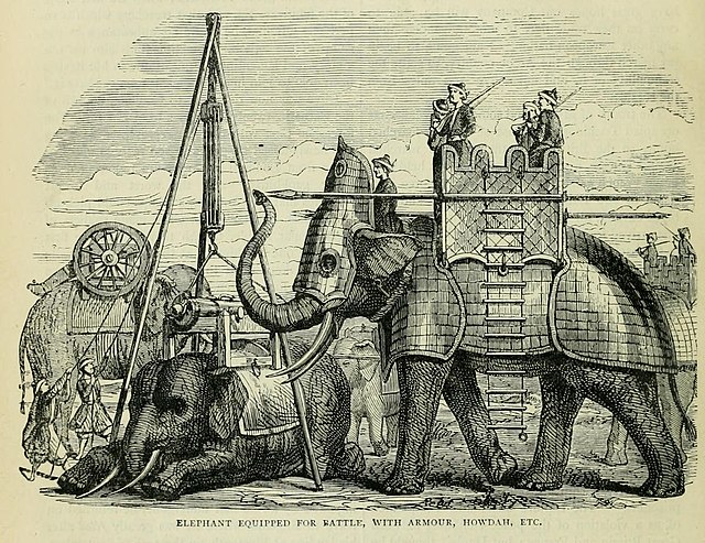 Illustration of three elephants outfitted in armor