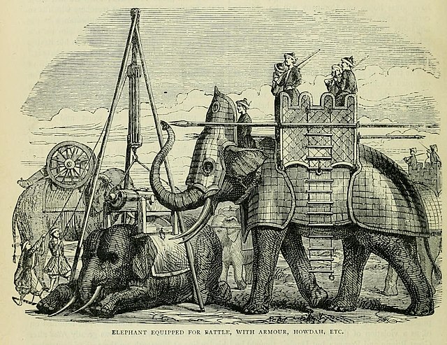 Illustration of three war elephants outfitted in armor