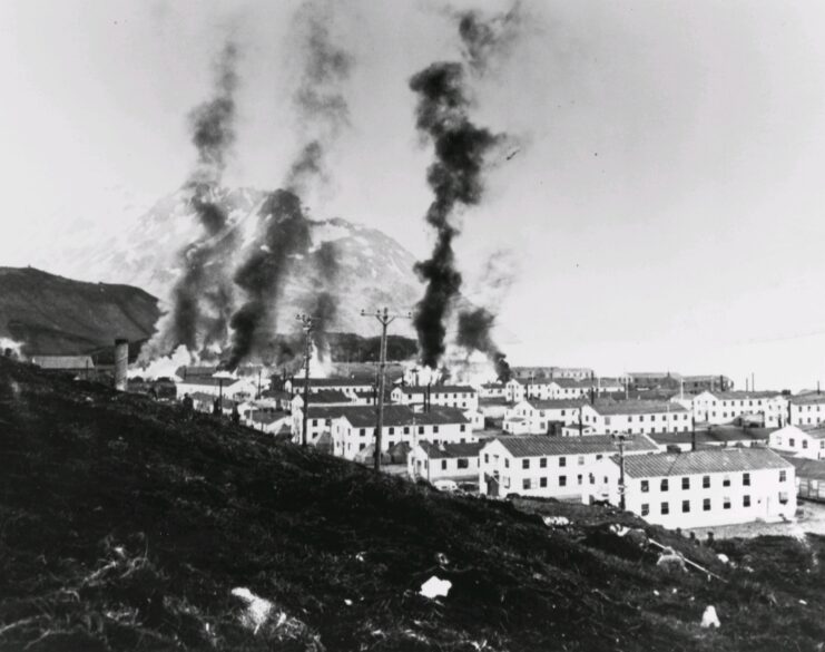 Smoke rising from buildings