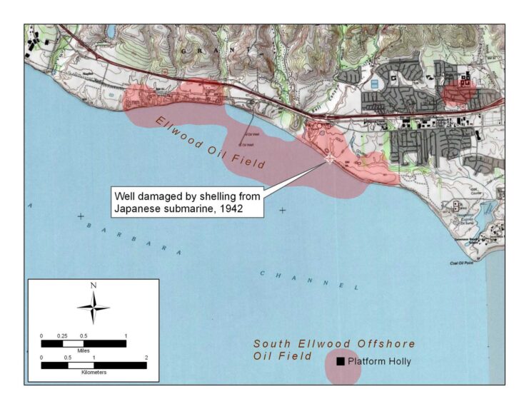 Map marking where the bombardment of Ellwood Oil Field occurred