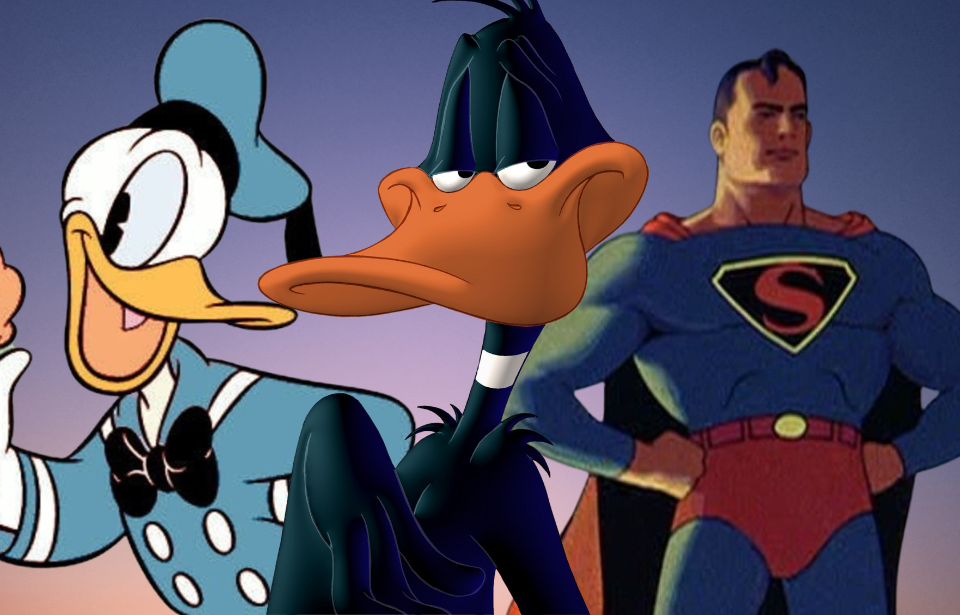 Gradient background + Donald Duck holding an ice cream cone + Daffy Duck looking smug + Superman standing with his chest puffed out