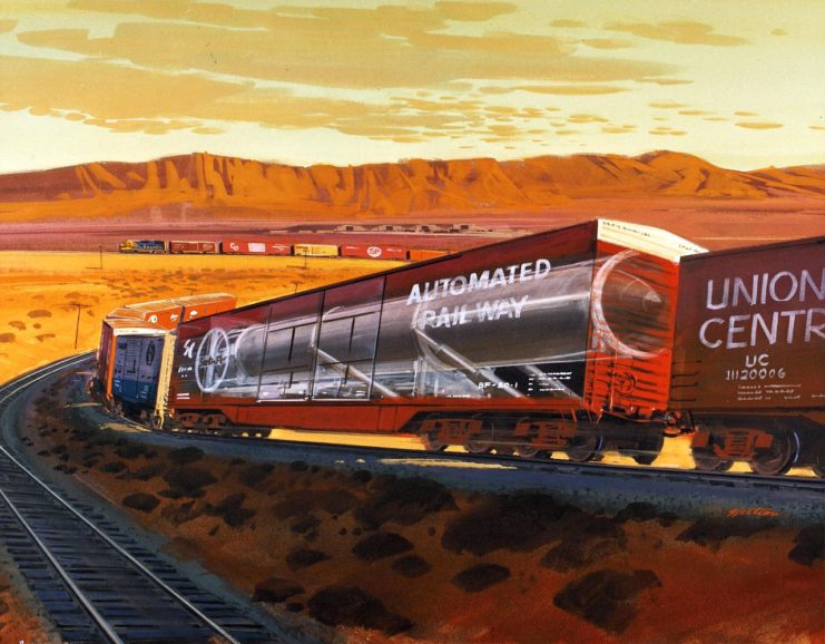 Illustration of a Peace Rail Garrison train traveling along a track in the desert